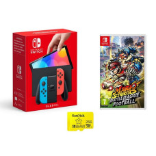 NINTENDO Switch OLED Neon, Mario Strikers & 256 GB Memory Card Bundle