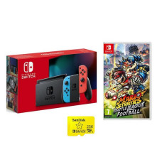 NINTENDO Switch, Mario Strikers & 256 GB Memory Card Bundle – Neon Red & Blue