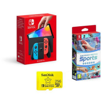 NINTENDO Switch OLED, Sports & 256 GB Memory Card Bundle – Neon Red & Blue