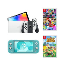 NINTENDO Switch OLED, Switch Lite, Animal Crossing & Mario Kart 8 Deluxe Bundle – White & Turquoise