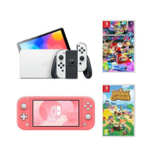 NINTENDO Switch OLED, Switch Lite, Animal Crossing & Mario Kart 8 Deluxe Bundle – White & Coral