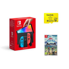 NINTENDO Switch OLED Neon, Pokemon Legends: Arceus & MicroSD Card Bundle