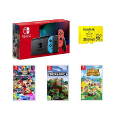 NINTENDO Switch, Animal Crossing, Mario Kart 8, Minecraft & 256 GB Memory Card Bundle – Neon Red & Blue