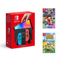 NINTENDO Switch OLED Neon Red & Blue, Mario Kart 8 Deluxe & Animal Crossing: New Horizons Bundle