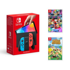 NINTENDO Switch OLED Neon Red & Blue, Mario Kart 8 Deluxe & Animal Crossing: New Horizons Bundle