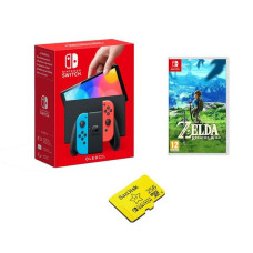 NINTENDO Switch OLED Neon, The Legend of Zelda: Breath of the Wild & SanDisk 256 GB Memory Card Bundle