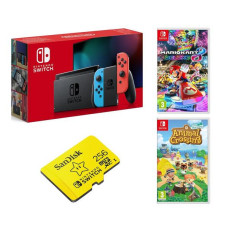 NINTENDO Switch, Animal Crossing: New Horizons, Mario Kart 8 Deluxe & SanDisk 256 GB Memory Card Bundle – Neon Red & Blue