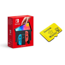 NINTENDO Switch OLED & SanDisk 256 GB Memory Card Bundle – Neon Red & Blue