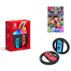 NINTENDO Switch OLED Neon, Mario Kart 8 Deluxe & Racing Wheels Bundle