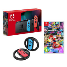 NINTENDO Switch Neon Red & Blue & Mario Kart 8 Deluxe & Joy-Con Racing Wheels Bundle