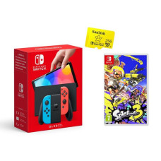 NINTENDO Switch OLED Neon Red & Blue, Splatoon 3 & 256 GB Memory Card Bundle